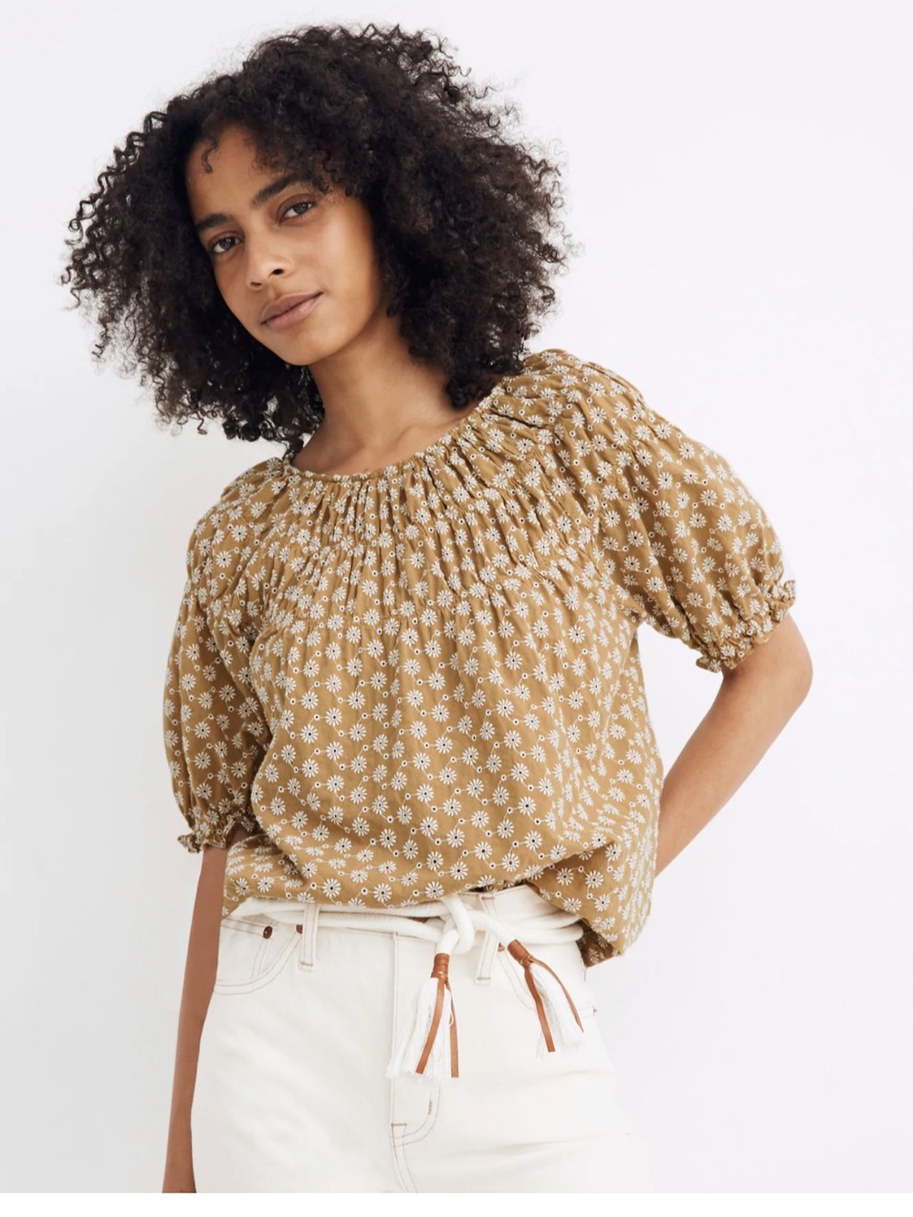 Madewell daisy embroidered shirred puff sleeve top small smocked embroidered